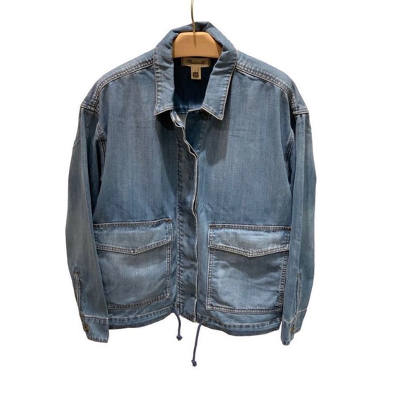 Madewell Denim Drawstring Military Shirt Jacket in Glenmar Wash Size Medium - Picture 3 of 6